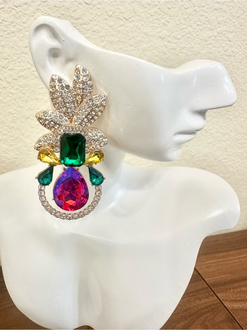 Gold-Tone Multicolor Crystal Drop Earrings with Emerald & Fuchsia Accents